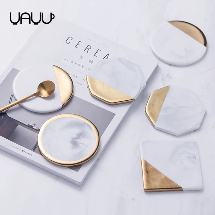 FENN Promotional Luxury Gold Set of 6 Cup Mat /  Ceramic White Marble Bulk Coasters for Coffee Cup