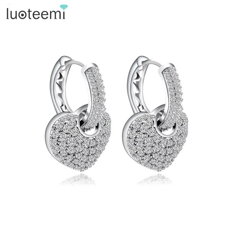 LUOTEEMI Stock New Arrival White Gold Silver Plated Cubic Zirconia Mirco Paved Heart Shaped Engagement Hoop Earrings for Women
