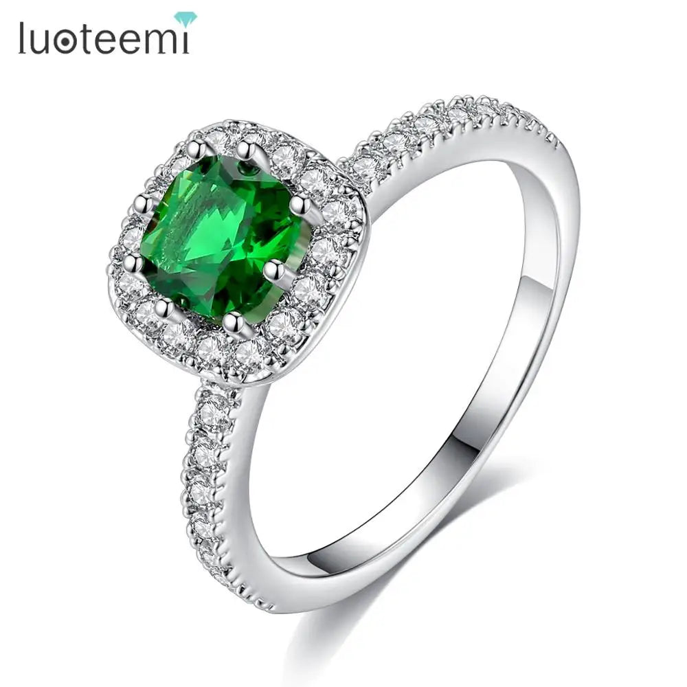 LUOTEEMI Diamond Engagement Ring Fashion Hot Sale Platinum Emerald Color Cubic Zirconia Finger Rings