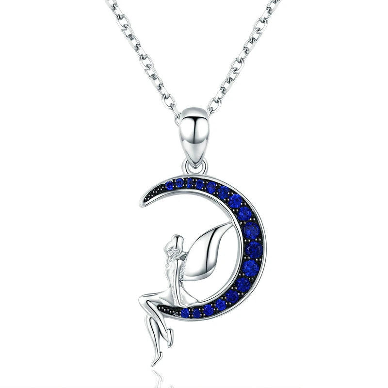 GN15 Delicate 925 Sterling Silver Blue Crystal Moon and Fairy Personality Customized Jewelry Fashion Necklace for Women