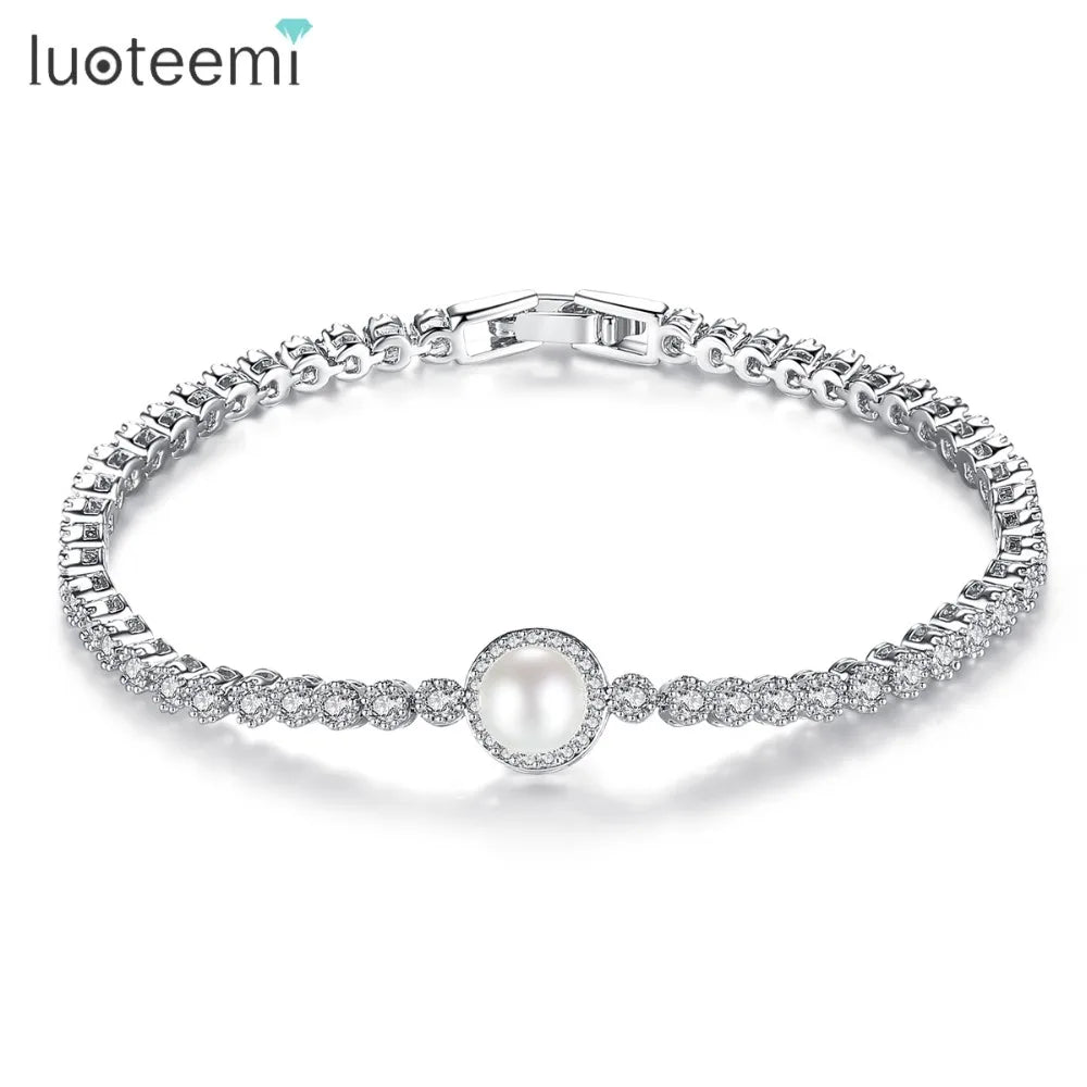 LUOTEEMI Fresh Water Charm Designer Femme White Gold Mexican Jewelry Round Stone Cz Natural Pearl Bracelet