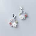 Sweet Girl Heart White Petals Butterfly 925 Sterling Silver Stud Earrings