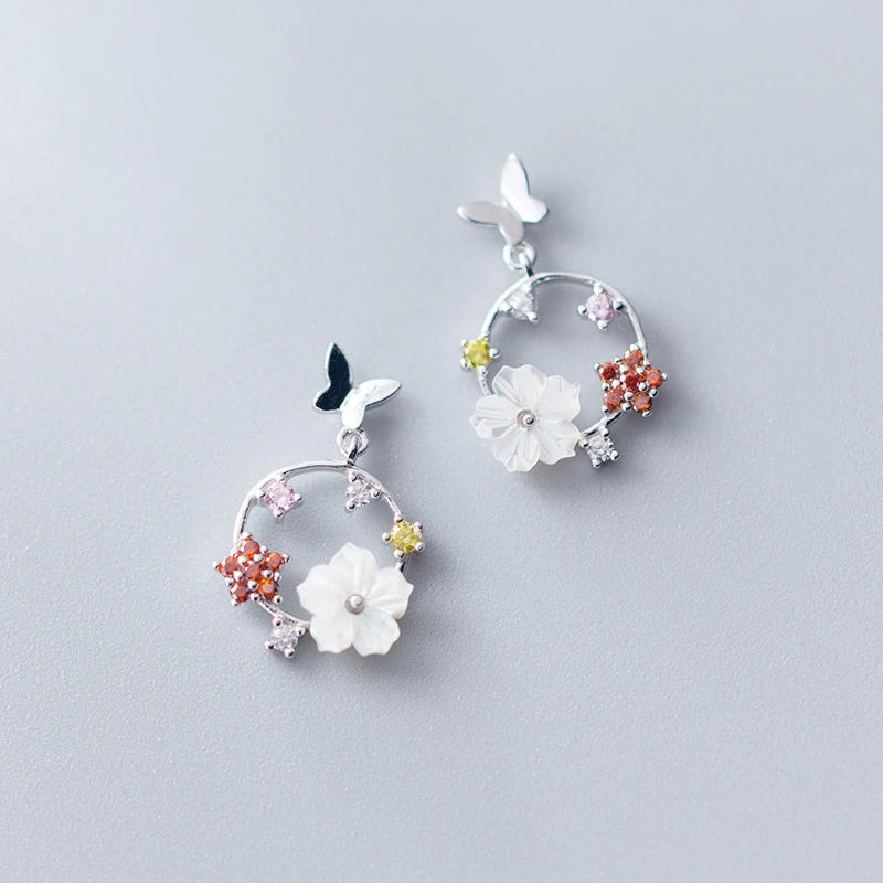 Sweet Girl Heart White Petals Butterfly 925 Sterling Silver Stud Earrings