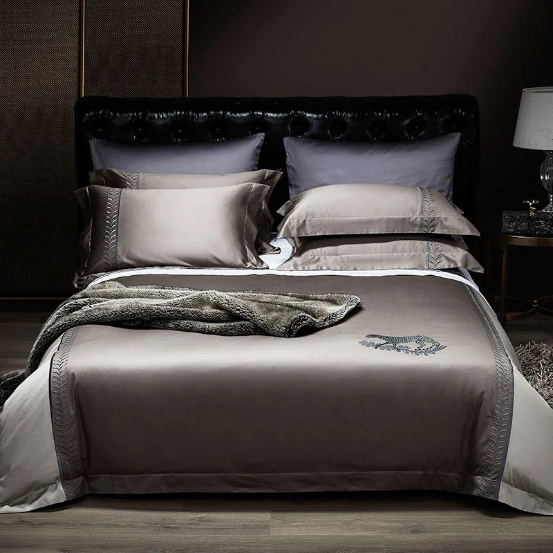 Hot Sell Luxury 2m/2.3m Brown Quilt Cover Satin Egyptian Cotton king Size Bedroom Bedsheets Embroidery Bedding Sets