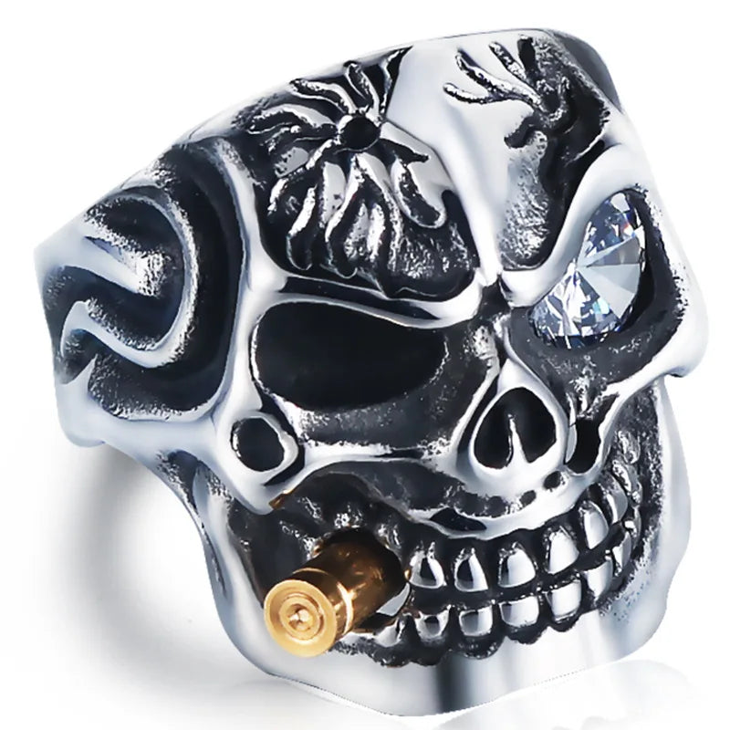 Vintage Titanium Steel  Zircon Gothic Male Skull Finger Ring