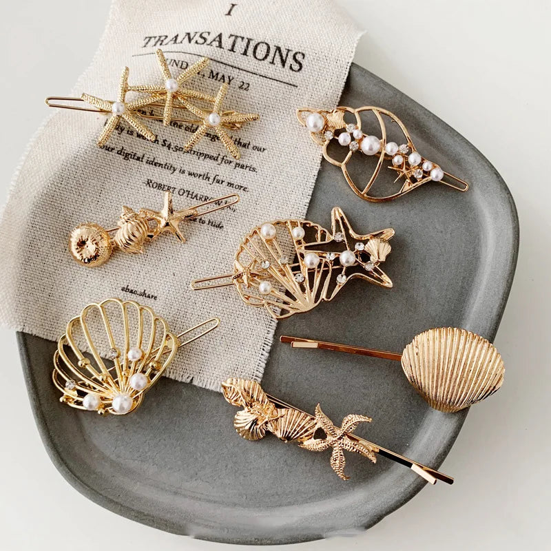 CLARMER Wholesale Women Starfish Hair Accessories Elegant Pearl Shell Conch Hair Clip