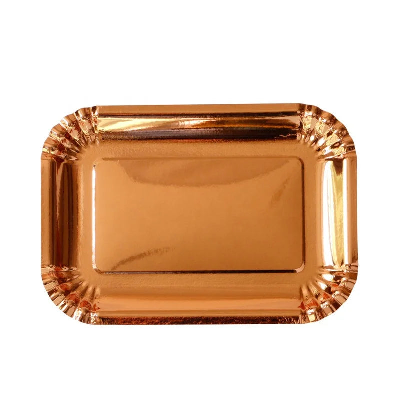 Classical Hot Sell  Disposable 400 Gsm  10.5 Inch Rectangle  Rose Gold Foil Paper Plates