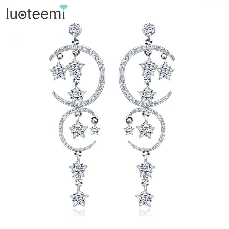 LUOTEEMI Latest Moon Star Statement Design a AA CZ Wedding Bridal Jewelry Drop Dangle Earrings