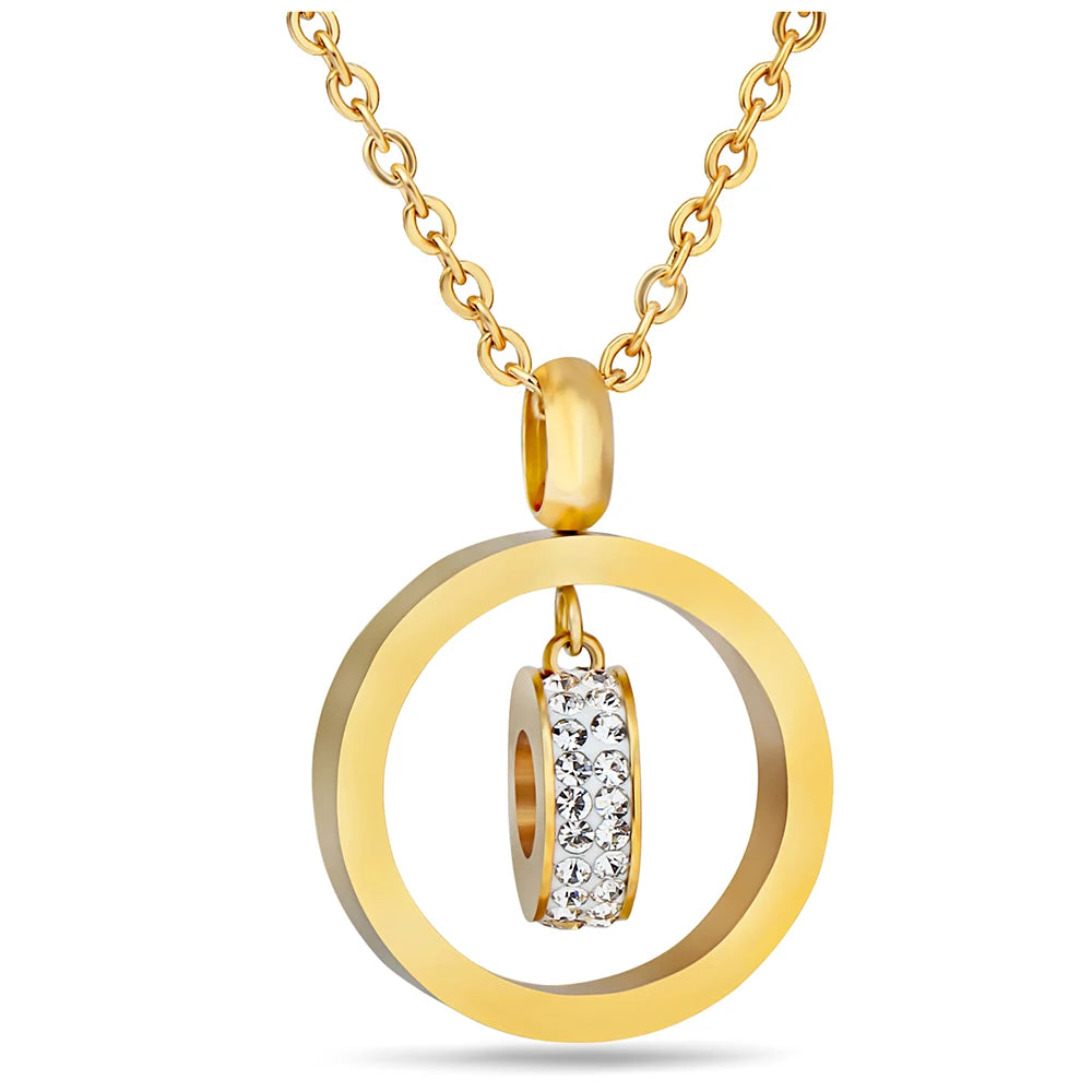 18K Gold Plated Jewelry Stainless Steel Circle Hoop Pendant Crystal Dicyclic Necklace for Women
