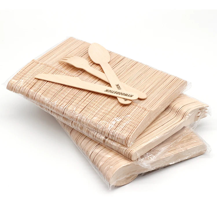 Prepacked Disposable Christmas Flatware Set Environmentally Friendly Birch Wood Cutlery