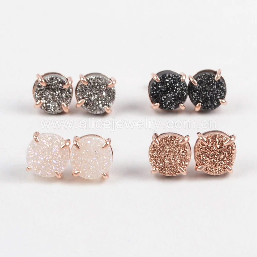 Wholesale Fashion Rose Gold Natural Agate Druzy Stud Jewelry Round Druzy Earrings for Women