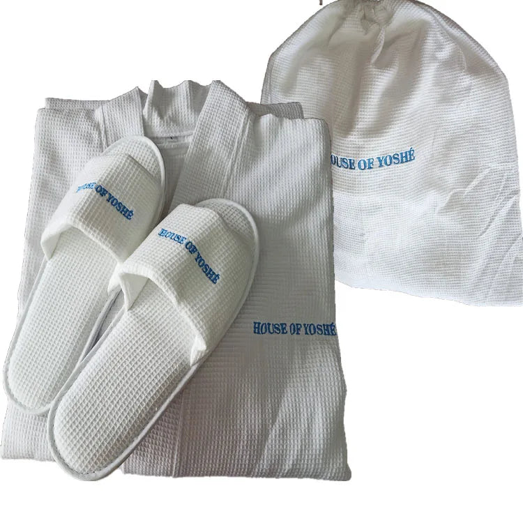 Long Waffle White Hotel Bath Robe Cotton Towel Bathrobe slippers Set Unisex Waffle Bathrobe for Men Women
