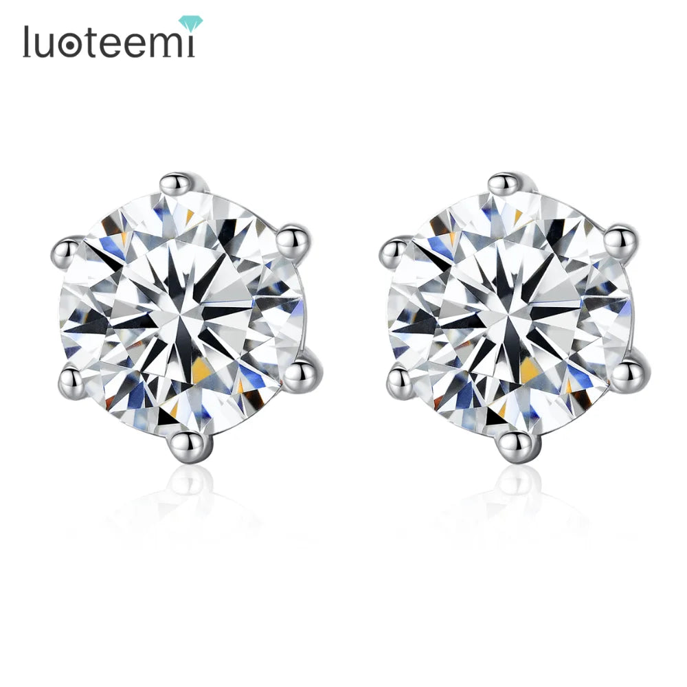 LUOTEEMI Luxury 5mm1 Carat Round Eight and Hearts Zirconia Classic 6progs 925 Sterling Silver Stud Earring for Women