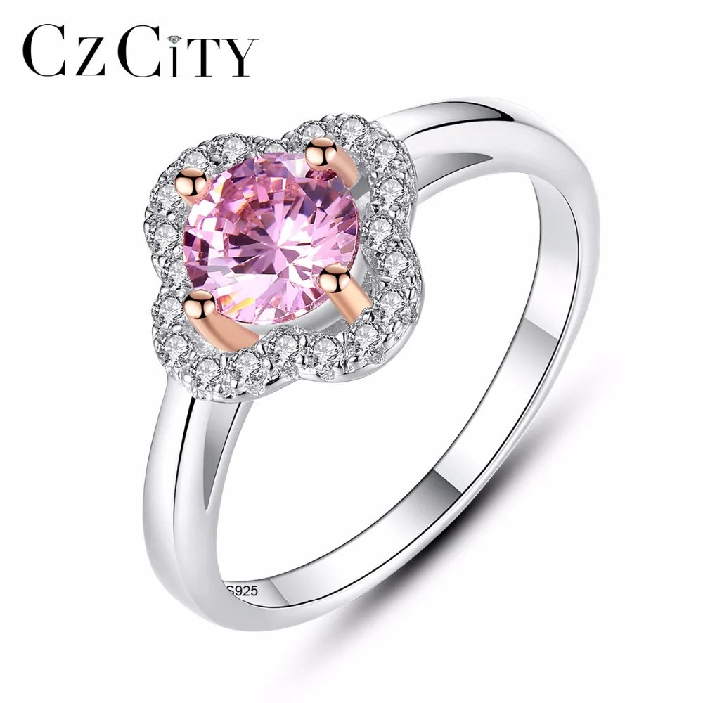 CZCITY Wholesale 925 Silver Flower Shape Wedding Ring With Clear&Pink Zircon Crystal Stone for Women Engagement Party Gift
