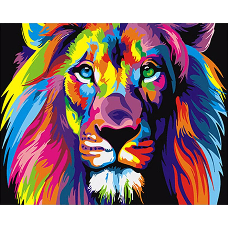 For CHENISTORY 99025 Modern Abstract Linen Colorful Lions Animals Hand Oil Painting Unique Gift Home Decoration Printed Paint