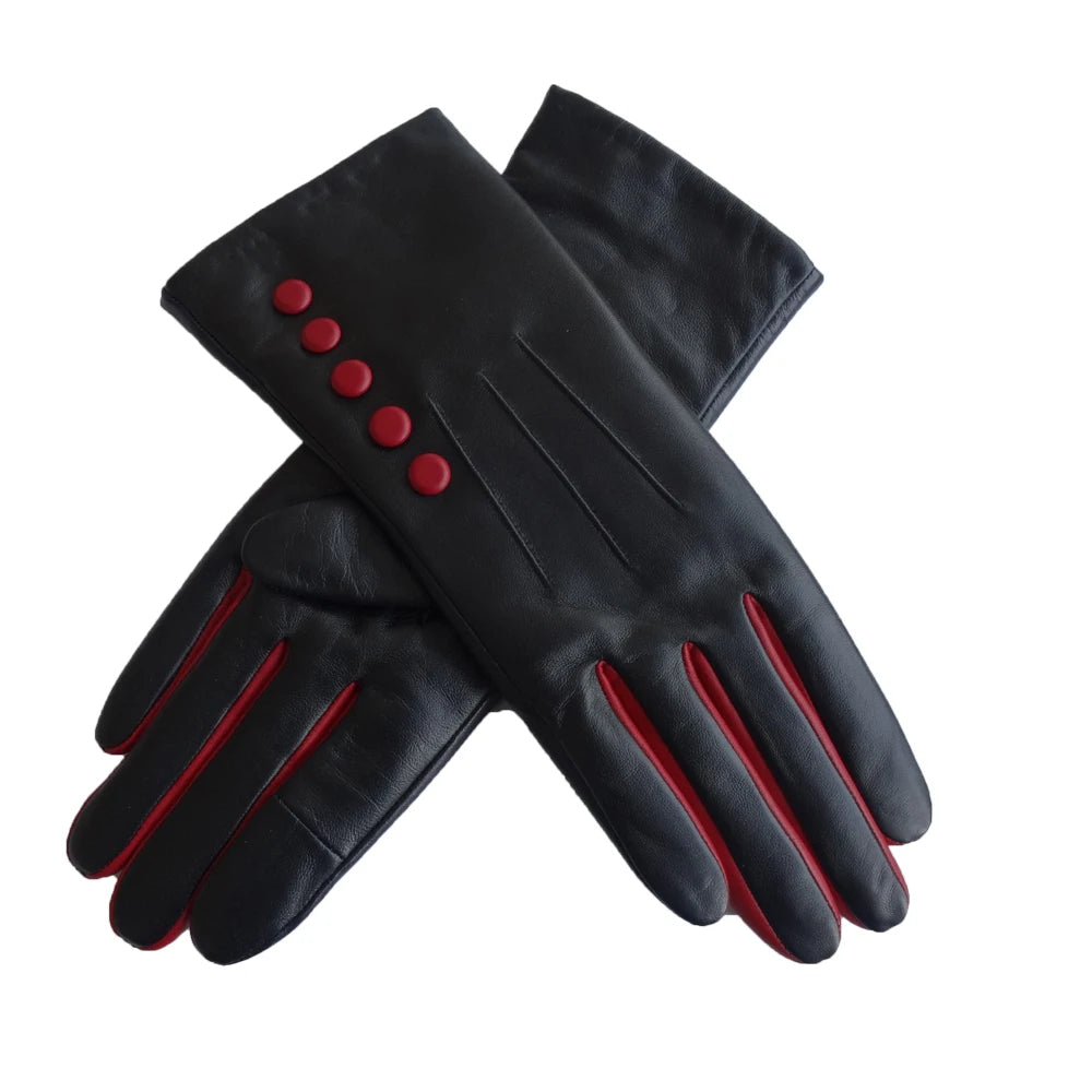 Lady's Genuine Sheepskin Leather Gloves 5 Touch Screen Buttons New Design Dress Gloves Driving Cycling Daily Use Wool Lining