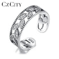 CZCITY Cubic Zirconia Leaf Shaped Hollow Wide Band Open Rings Women 925 Sterling Silver Fine Jewelry