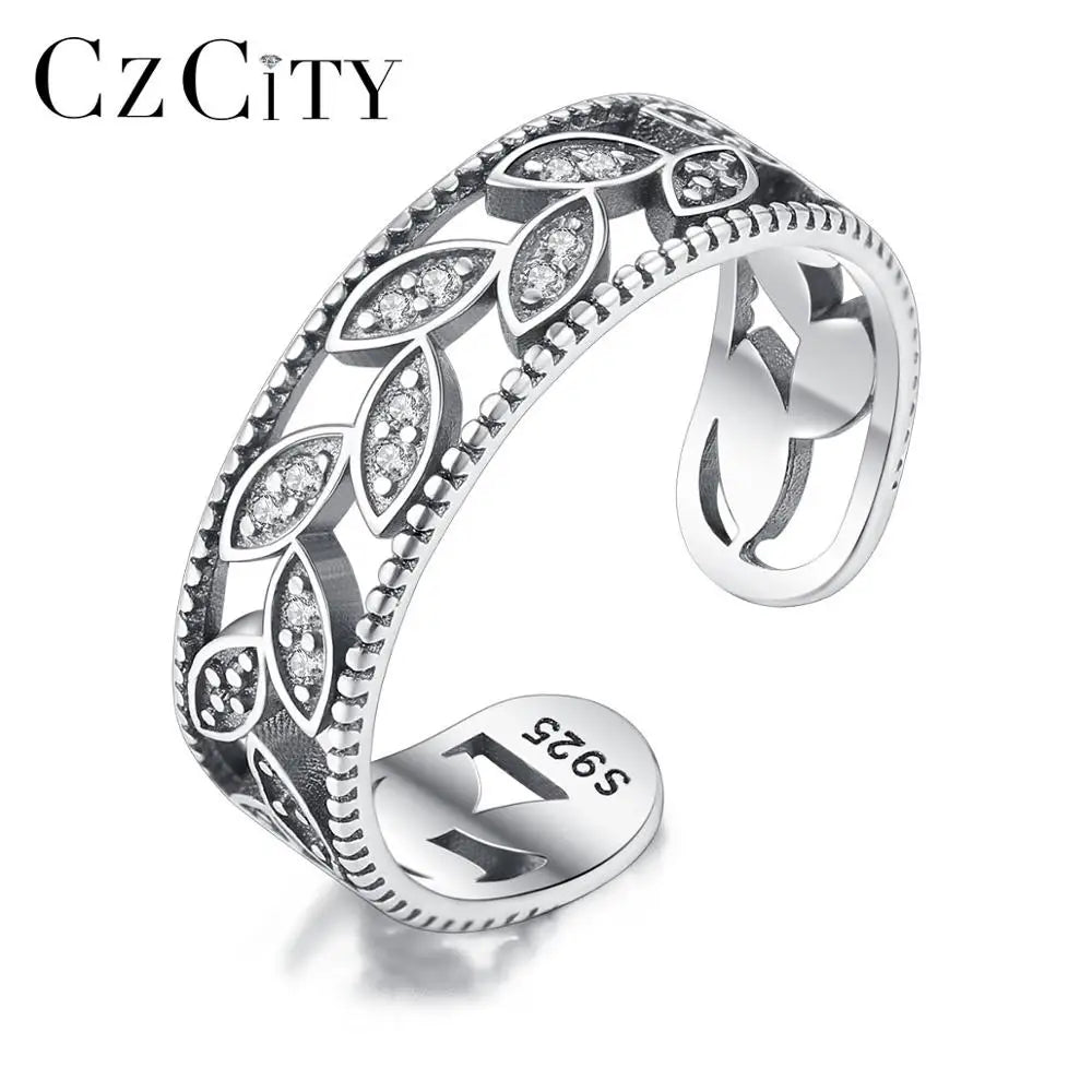 CZCITY Cubic Zirconia Leaf Shaped Hollow Wide Band Open Rings Women 925 Sterling Silver Fine Jewelry