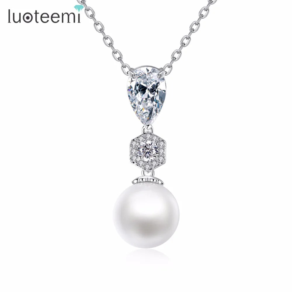 LUOTEEMI Pearl-Shaped Cubic Zirconia Wedding Pendant Necklace for Women Brides with Simulated White Pearl Drops Necklace