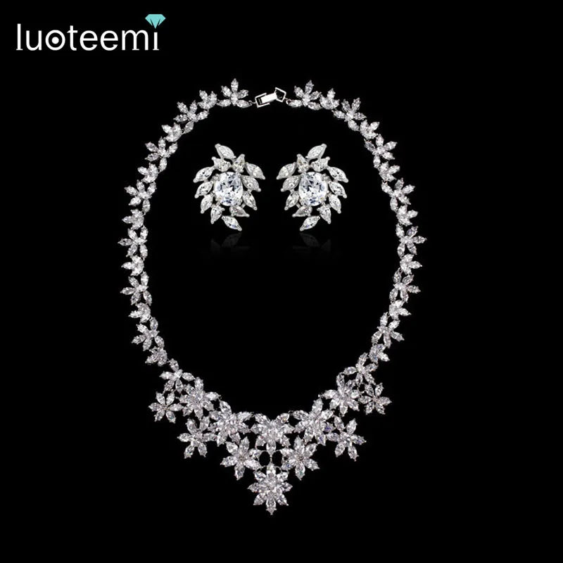LUOTEEMI Charm Elegant Women Bridal Wedding Jewelry AAA Zircon Big Necklace and Earrings White Gold Plated Party Jewelry Sets