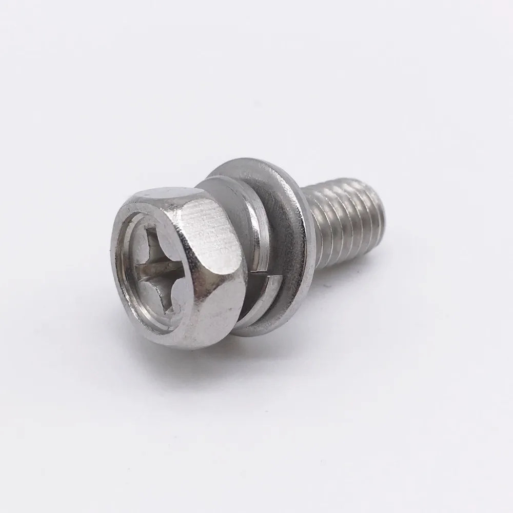 M5 M6 Metric Stainless Steel Phillips Hex Head Double SEMS Screws with Split Washer Flat Washers DIN Standard