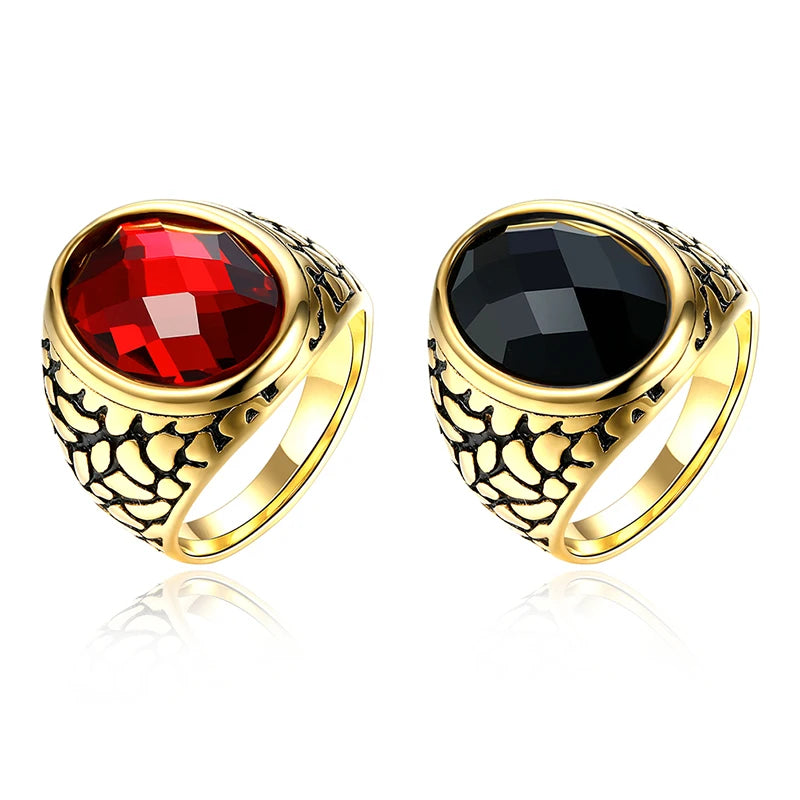 Dubai 18K Gold Plated Red Ruby Rings Men's Custom Natural Stone Stainless Steel Gemstone Ring