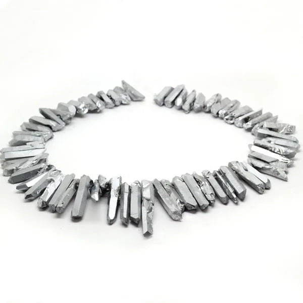 Natural Raw Rough Rock Crystal Quartz Crystal Points for Jewelry Making Silver Coated Crystal Top Drilled Spike Stone Beads