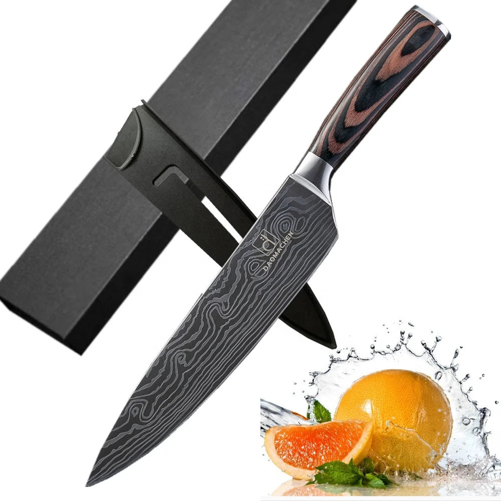 Hot 8-Inch Japanese 5crmov Damascus Blade Stainless Steel Chef Cleaver Set Strong Metal Butcher Kitchen Meat Knife with Scabbard