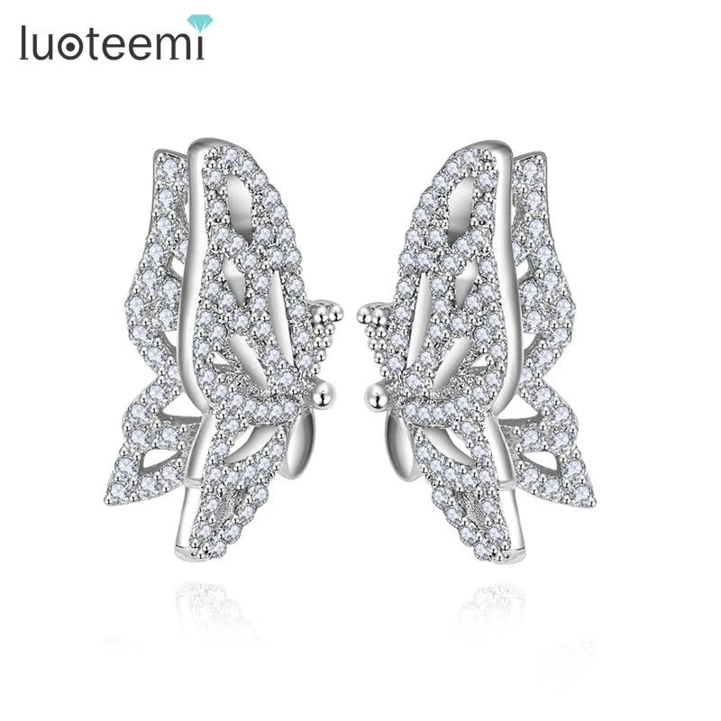 LUOTEEMI Wholesale in Stock Fine Jewelry Fashion Small Size Women Beautiful Artificial Butterfly Clear Zircon Stud Earrings