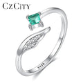 CZCITY Trendy Adjustable Jewelry Gemstone Open Angel Wing Shape Green Gem Stone S925 Silver Rings
