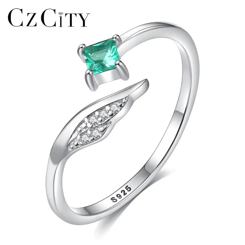 CZCITY Trendy Adjustable Jewelry Gemstone Open Angel Wing Shape Green Gem Stone S925 Silver Rings