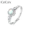 CZCITY Opal Engagement Wedding Ring 925 Silver Tiny CZ Around Round Rhodium Real Gold Plate Women Rings