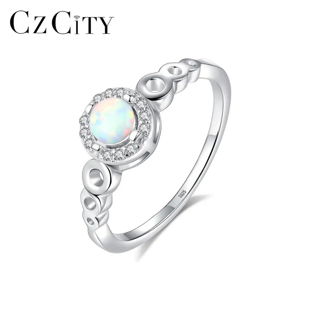 CZCITY Opal Engagement Wedding Ring 925 Silver Tiny CZ Around Round Rhodium Real Gold Plate Women Rings