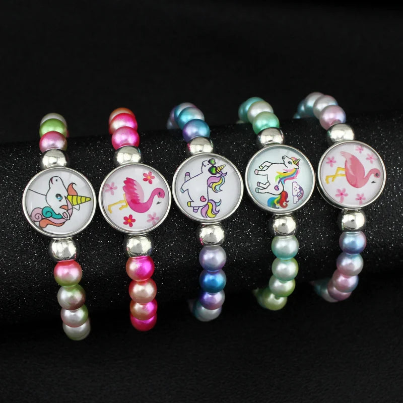 Promotion Customizable Unicorn Flamingo Snap Button Pearl Beads Beaded Bracelet for Women