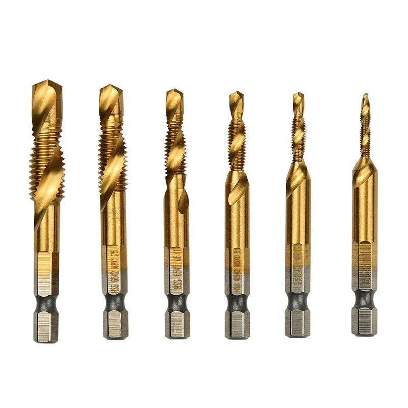 Metric Imperial 1/4" 6.35mm Hex Shank Combined Drill Tap Set Helicla Flute 6pcs M3 M4 M5 M6 M8 M10 Screw Tread Tap HSS 4341 6542