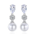 LUOTEEMI White Gold Color Waterdrop Cubic Zirconia with White Round Pearl Bridal Dangle Earrings