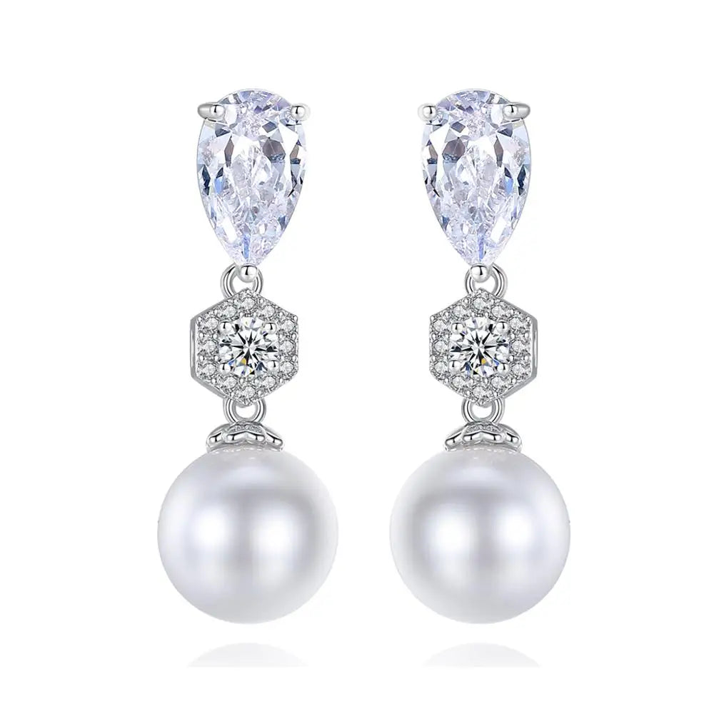 LUOTEEMI White Gold Color Waterdrop Cubic Zirconia with White Round Pearl Bridal Dangle Earrings