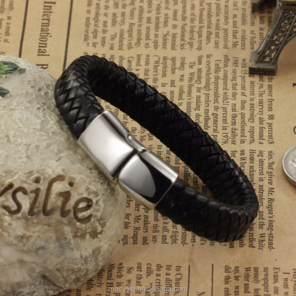 MECYLIFE Magnetic Clasp Stainless Steel Closure Woven Leather Bracelet