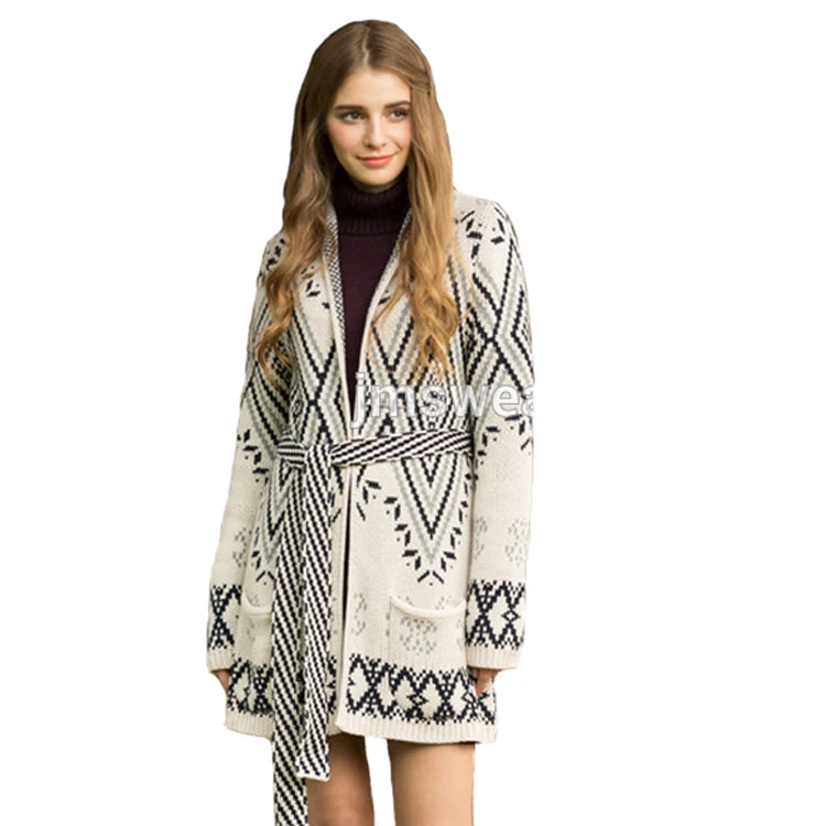 OEM Shawl Collar Vintage Argyle Jacquard Cotton Knitted Geometric Cardigan Kimono With Sash Women Knit Sweaters Cardigan Jacket