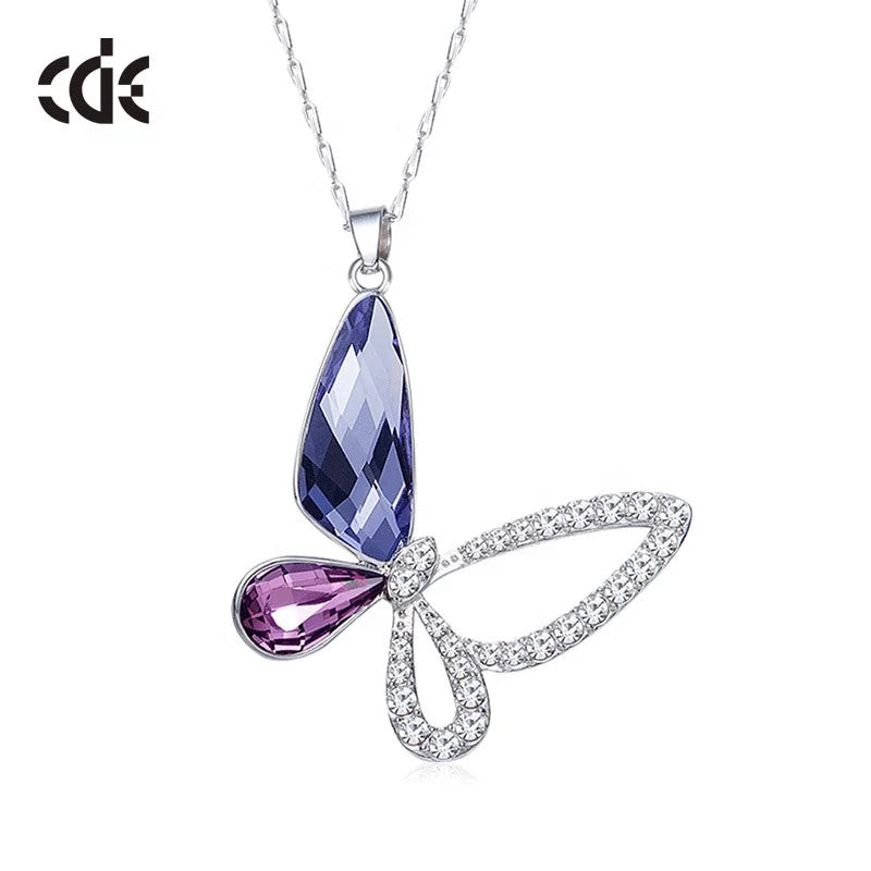 CDE YP0702 Silver Jewelry Austrian Crystal Necklace Cute Animal 925 Sterling Silver Butterfly Pendant Necklace Collar De Plata