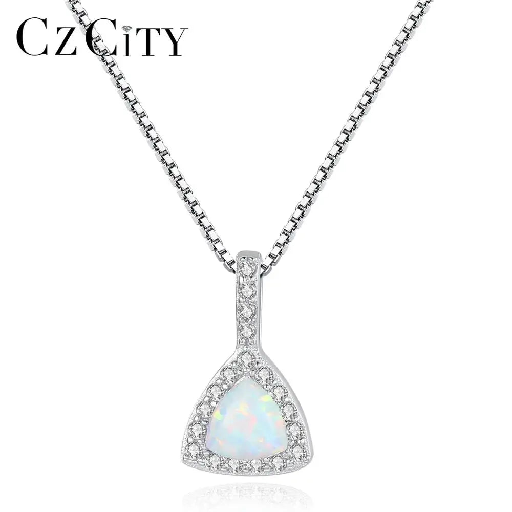 CZCITY Quality 925 Sterling Silver Triangle Opal Pendant Necklace for Women Fashion Trendy Opal Necklaces