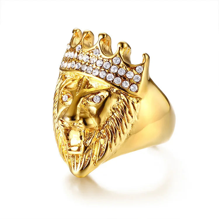 Luxury Hip Hop Jewelry Anillo Leon Animal Head Design Crystal Rhinestone Men 18K Gold Crown Lion Ring
