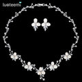 LUOTEEMI Luxury Freshwater Pearl Bridal Silver-Tone Flower Clear CZ Crystal Necklace Earrings Set for Women Anniversary Jewelry