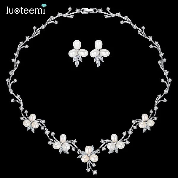 LUOTEEMI Luxury Freshwater Pearl Bridal Silver-Tone Flower Clear CZ Crystal Necklace Earrings Set for Women Anniversary Jewelry