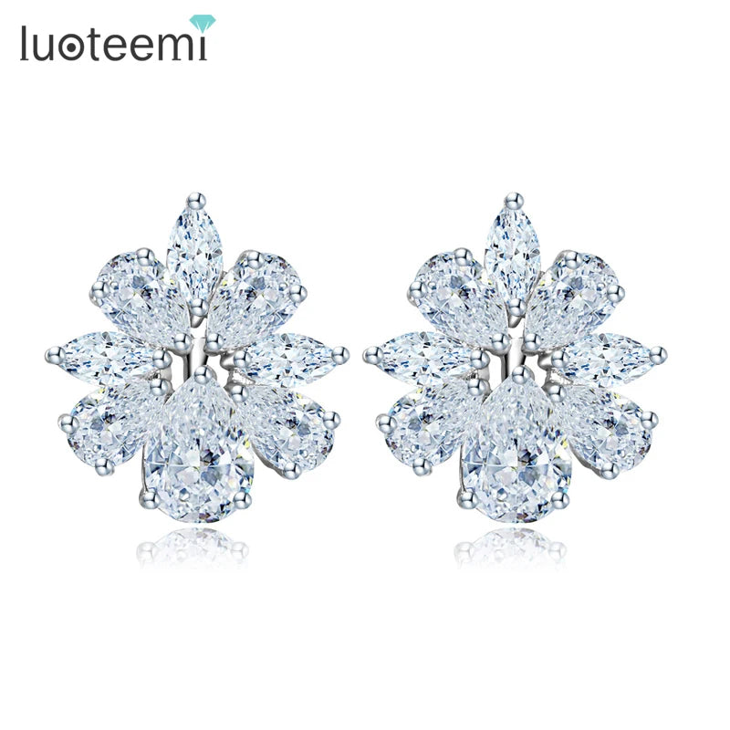 LUOTEEMI Wholesale New Design Bridal Luxury Wedding Bijoux Brinco Jewelry Sparkling 3A Cubic Zircon Flower Stud Earrings