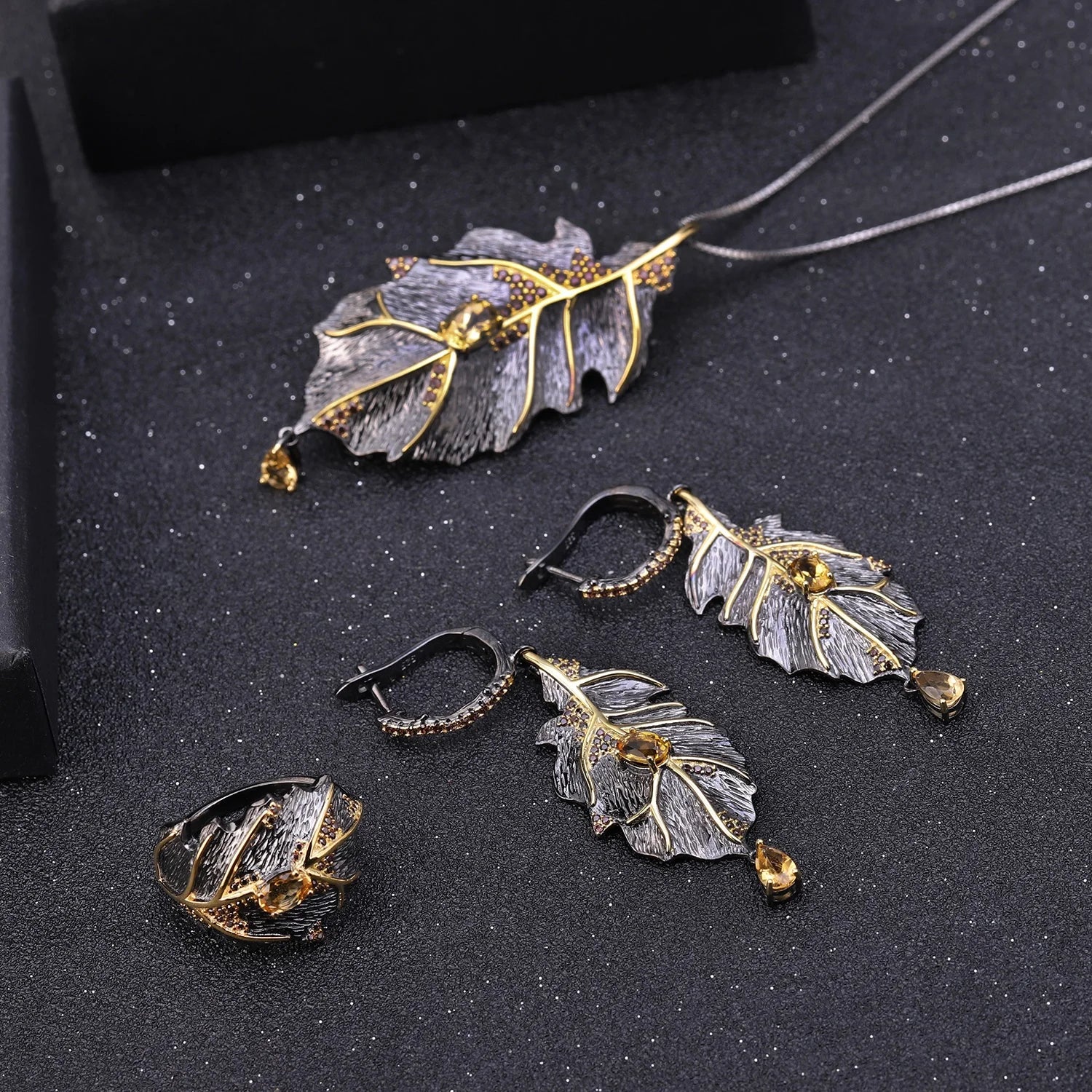 Abiding Wholesale Natural Citrine Stone Leaves Ring Earrings Pendant for Girl 925 Silver Jewelry Set