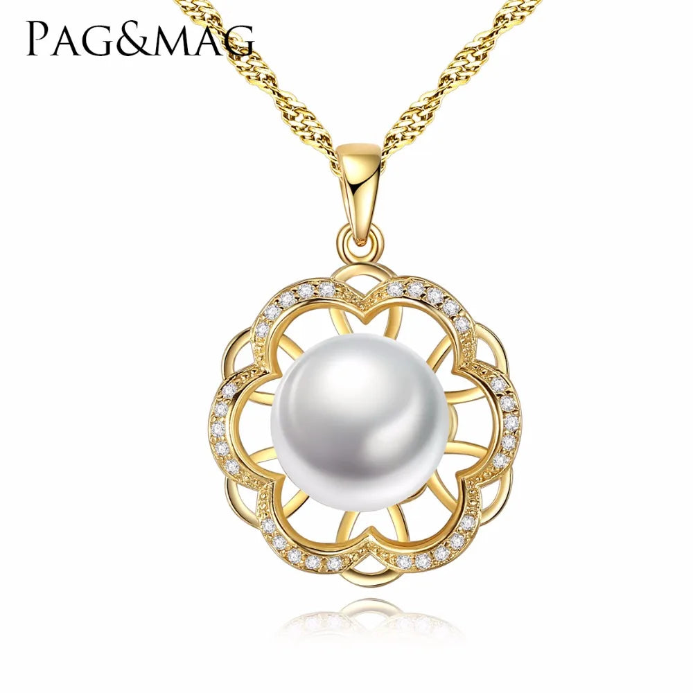 Pag&Mag Fashion Elegant Silver Flower Shaped Mounting Single High-Quality Jewelry Natural Pearl Choker Necklace