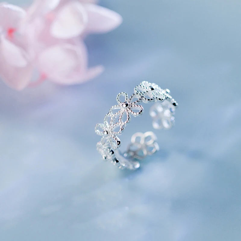 Beautiful Flower 925 Sterling Silver Open Rings for Women Simple Silver Rings Jewelry