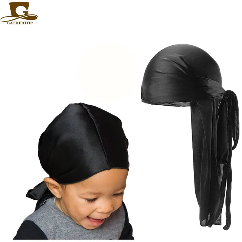 New Couple Style Head Cap for Adult and Kid Solid Silky Turban Durag TJM-05C K-11