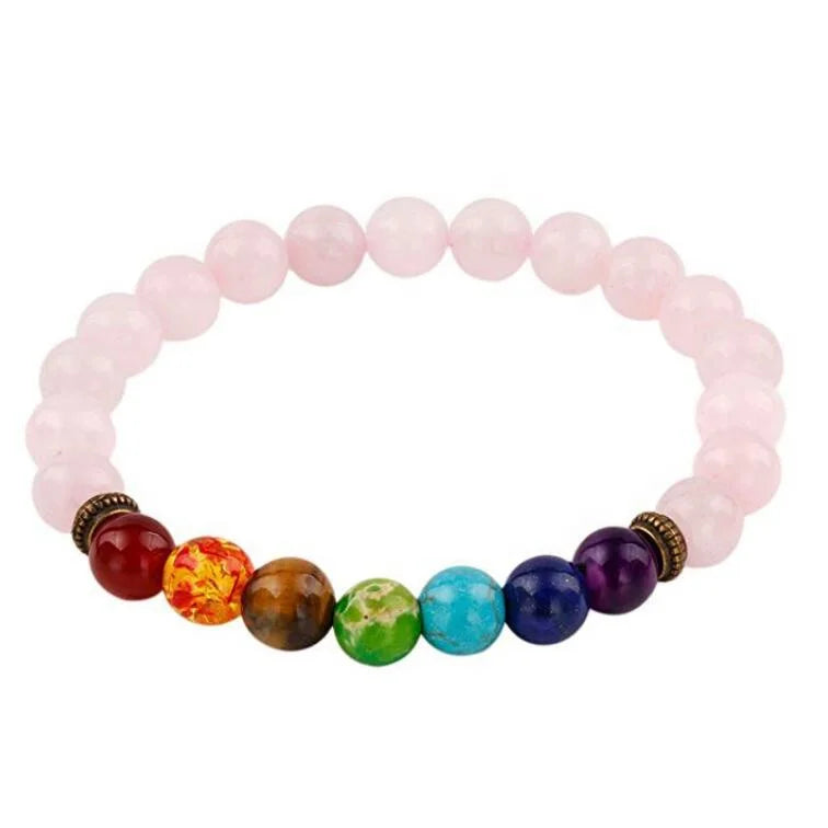 Fashion Design Healing Balancing Rose Quartz 7 Chakra Stone Round Yoga Beads Bracelet